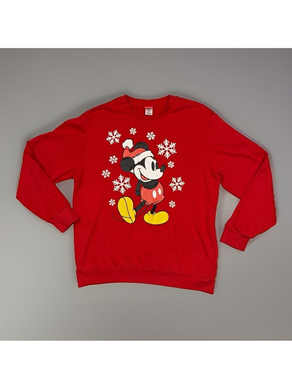 Disney Mickey Mouse Christmas Snowflakes Red Crewneck Sweatshirt Adult L